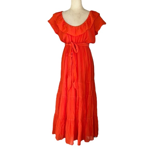 Marie Oliver Kinley Ruffle Orange Metallic Silver Tie Bow Detail Maxi Dress - S - Picture 3 of 13